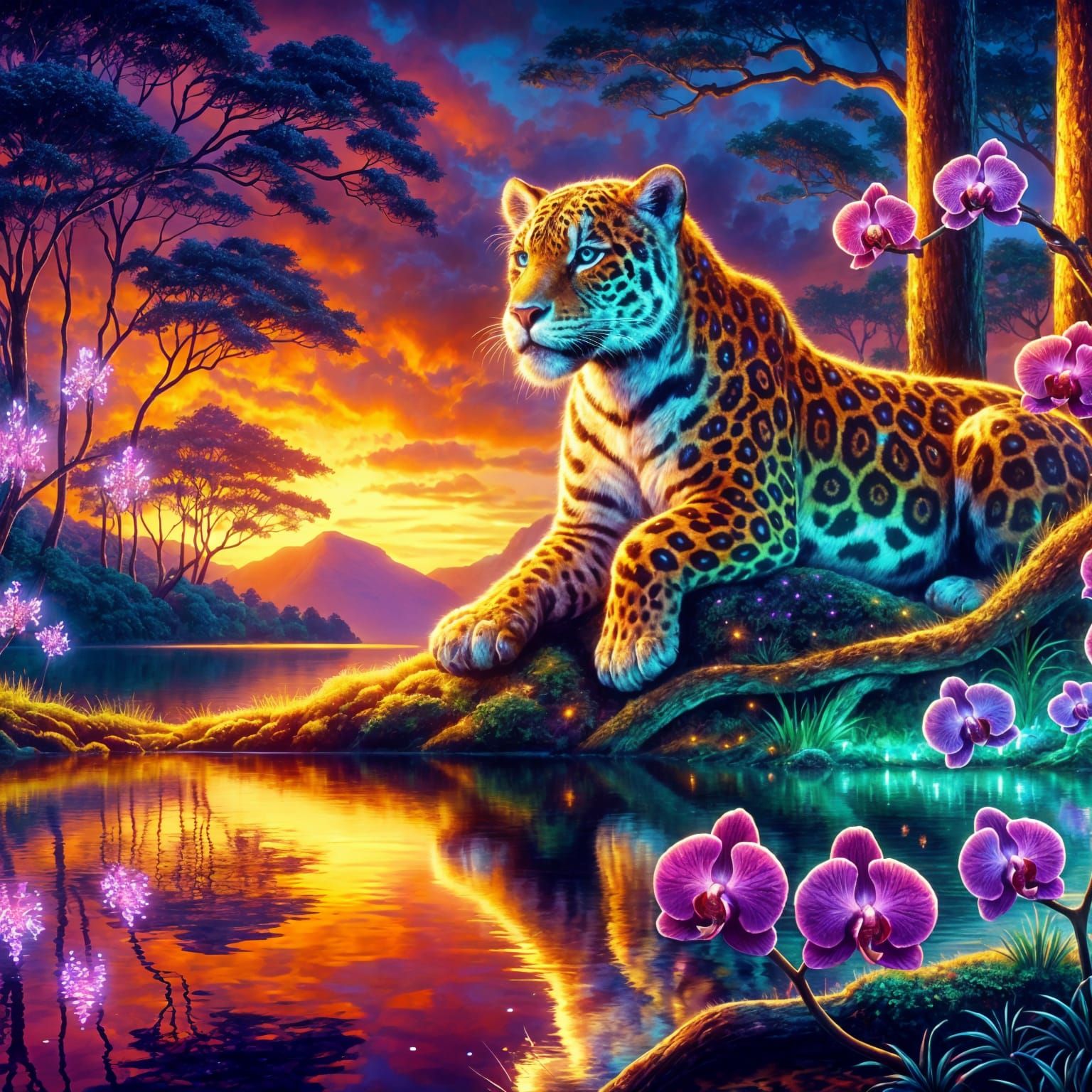 Jaguar in Rococo Art Style with Sunset and Orchids