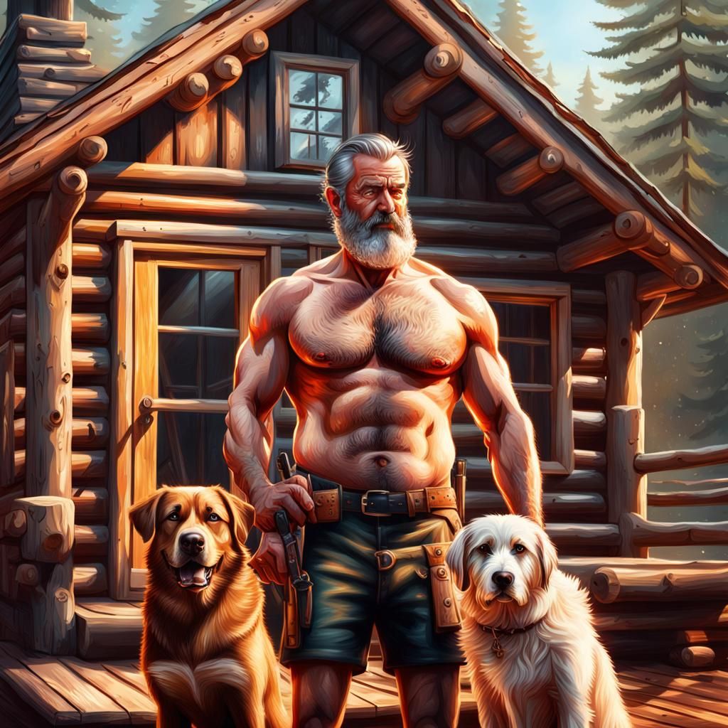 Hyperrealistic Lumberjack and Dog at Cabin