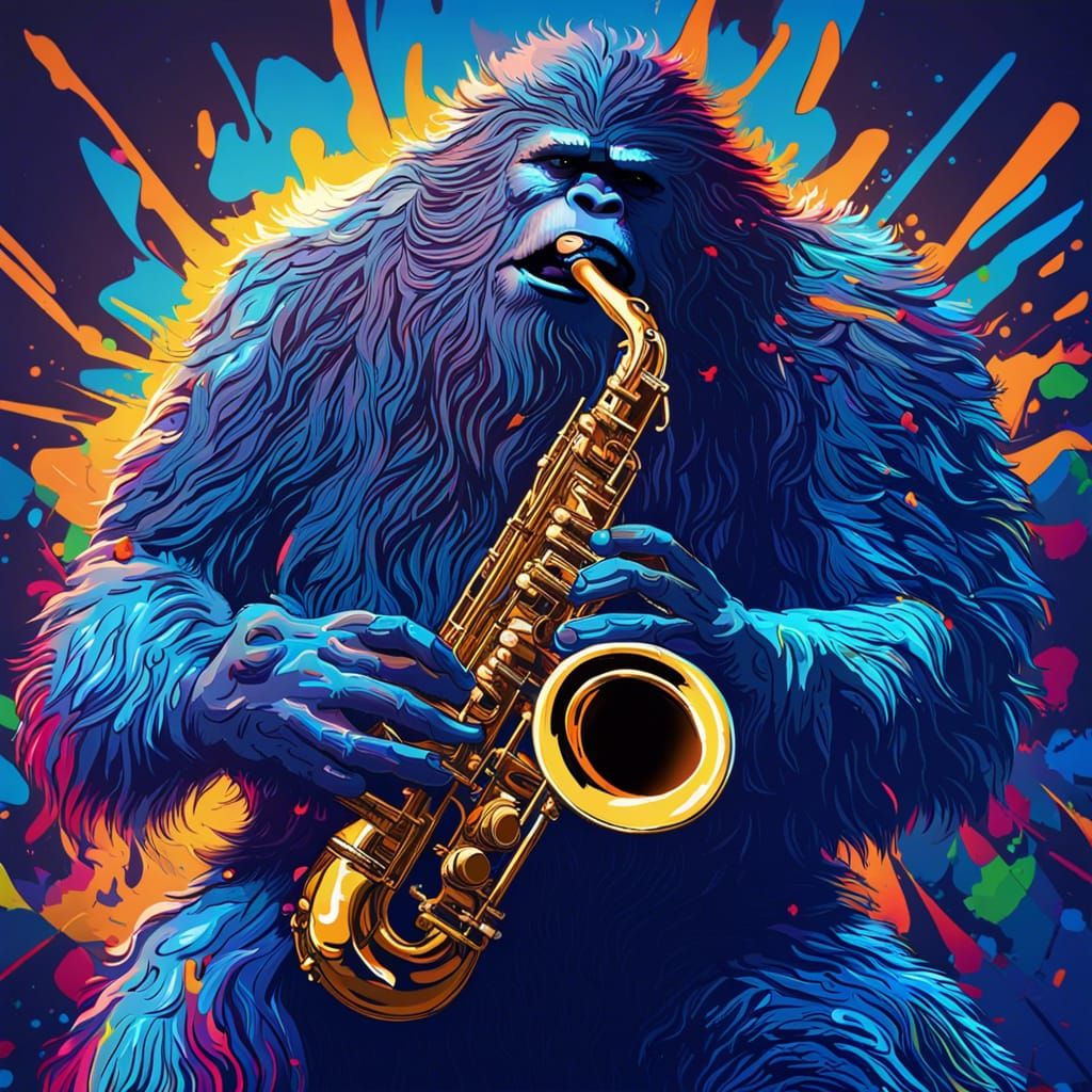 Bigfoot Plays Saxophone: Pop Art 8K Resolution