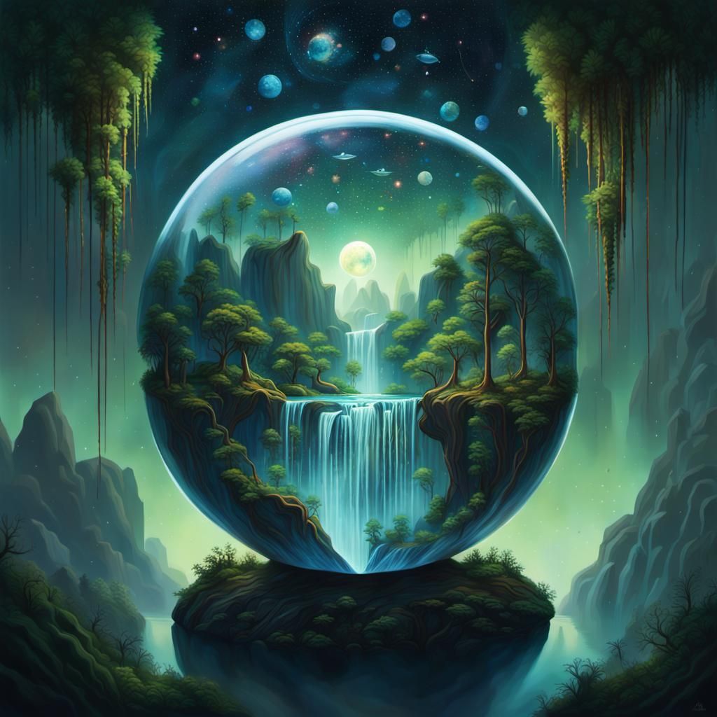 Floating Ecosystem Sphere in Ethereal Fantasy Art Style