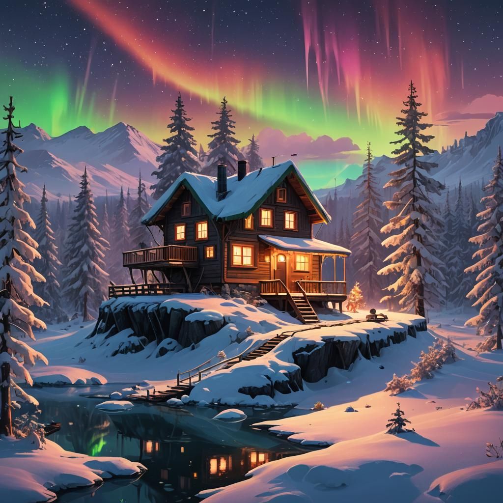 Enchanted Snowy Cabin on Floating Island Concept Art