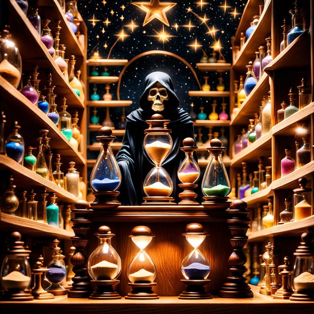 Grim Reaper Contemplates Celestial Hourglasses