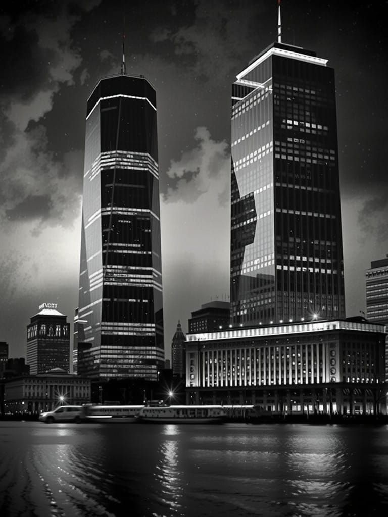 Epic Black and White Watercolor of the Two World Trade Centr...