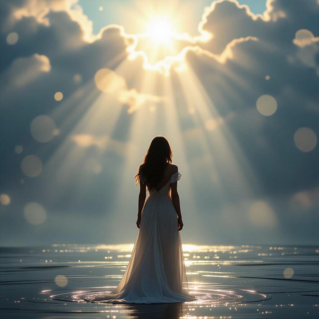 Ethereal Woman in Rain Illuminated by Divine Light