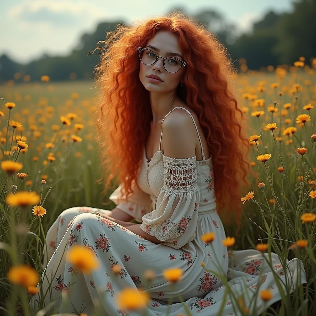 Beautiful Woman with Red Hair in Wildflower Field