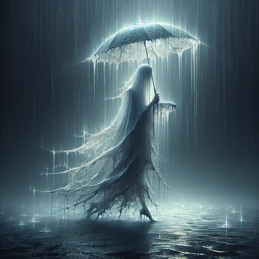 A ghostly apparition walking in the rain with an umbrella