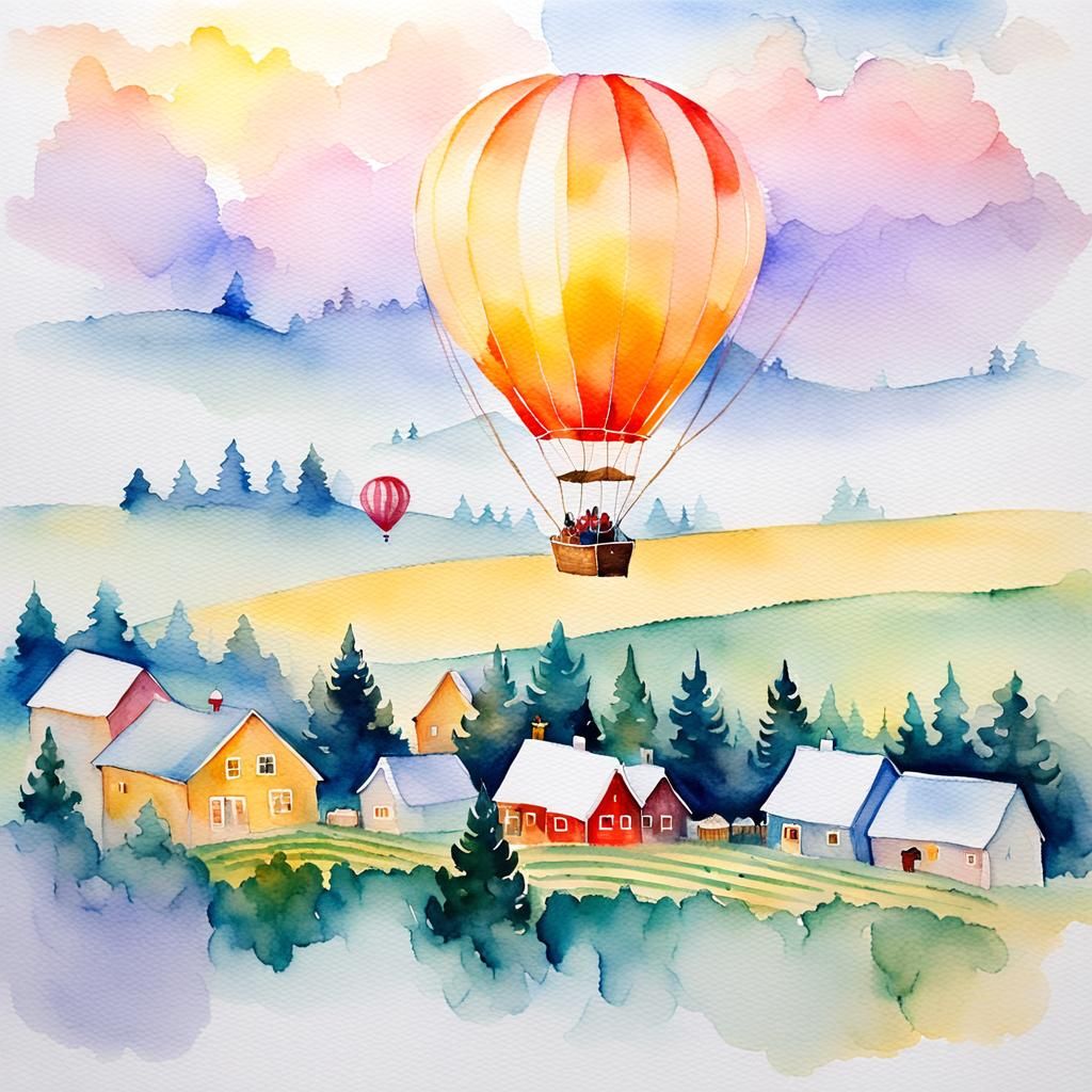 Santa and Reindeer in Watercolor Landscape