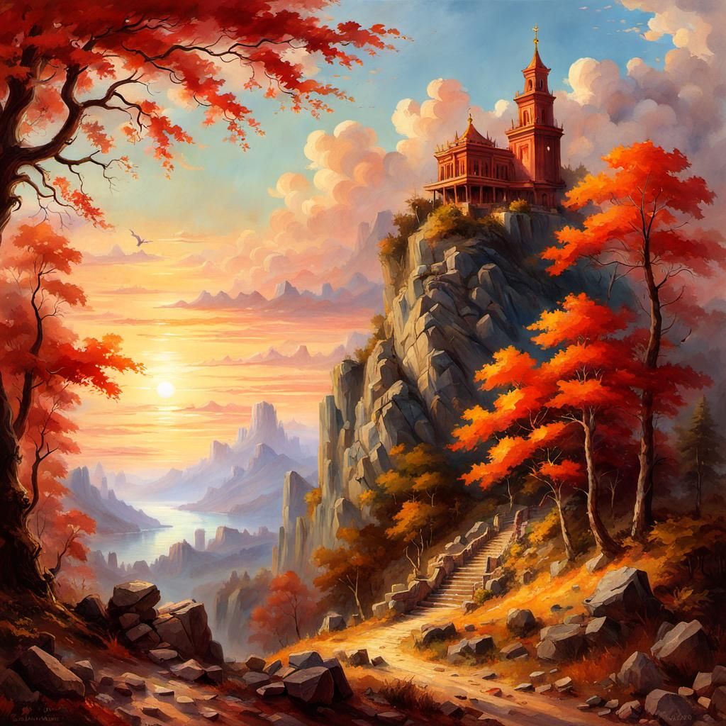 Mountain Temple Landscape Painting in Romantic Naturalism St...