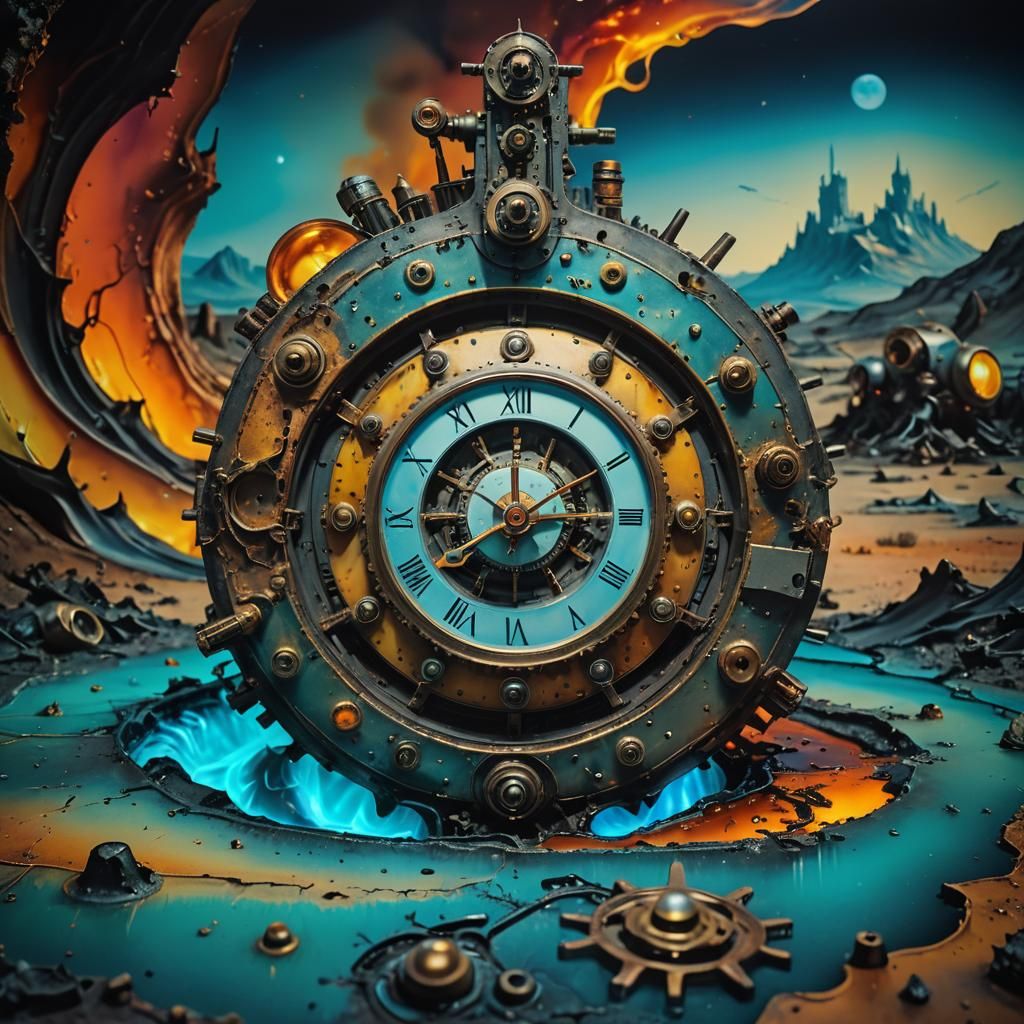 Melted Time Machine in Surreal Post-Apocalyptic Landscape