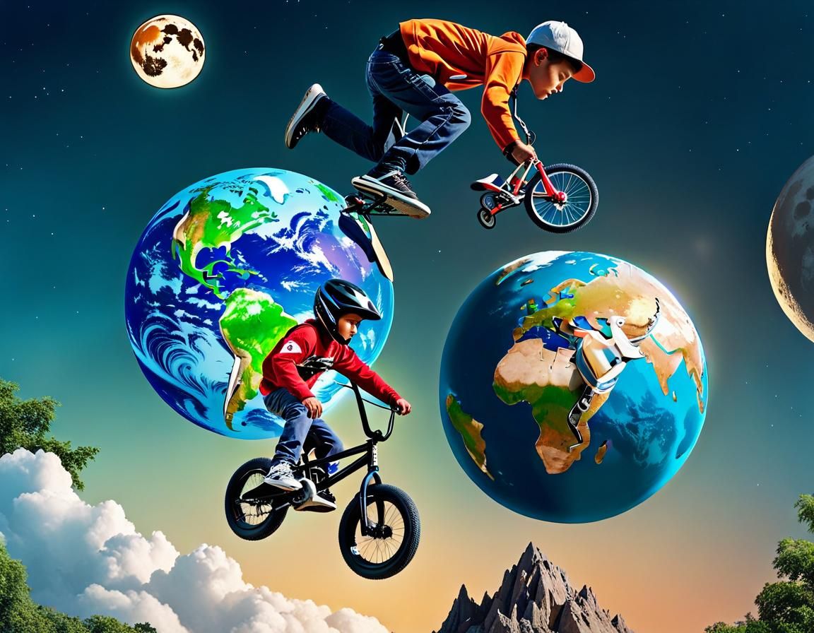 Kid On His BMX Bike, Stunt Jumping Over A Globe Of Earth, With A Huge Oversized Moon, Partially In View In The Backgroun...
