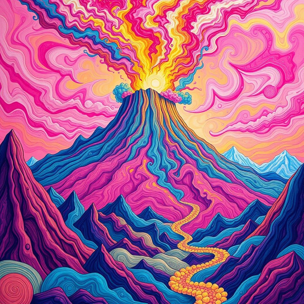 Majestic Volcano Erupts in Whimsical Candyland Wonderland