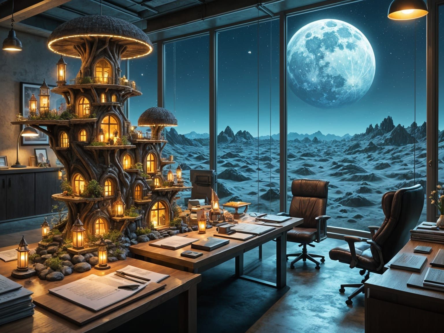 Fairy Village on Office Desk, Detailed Matte Painting