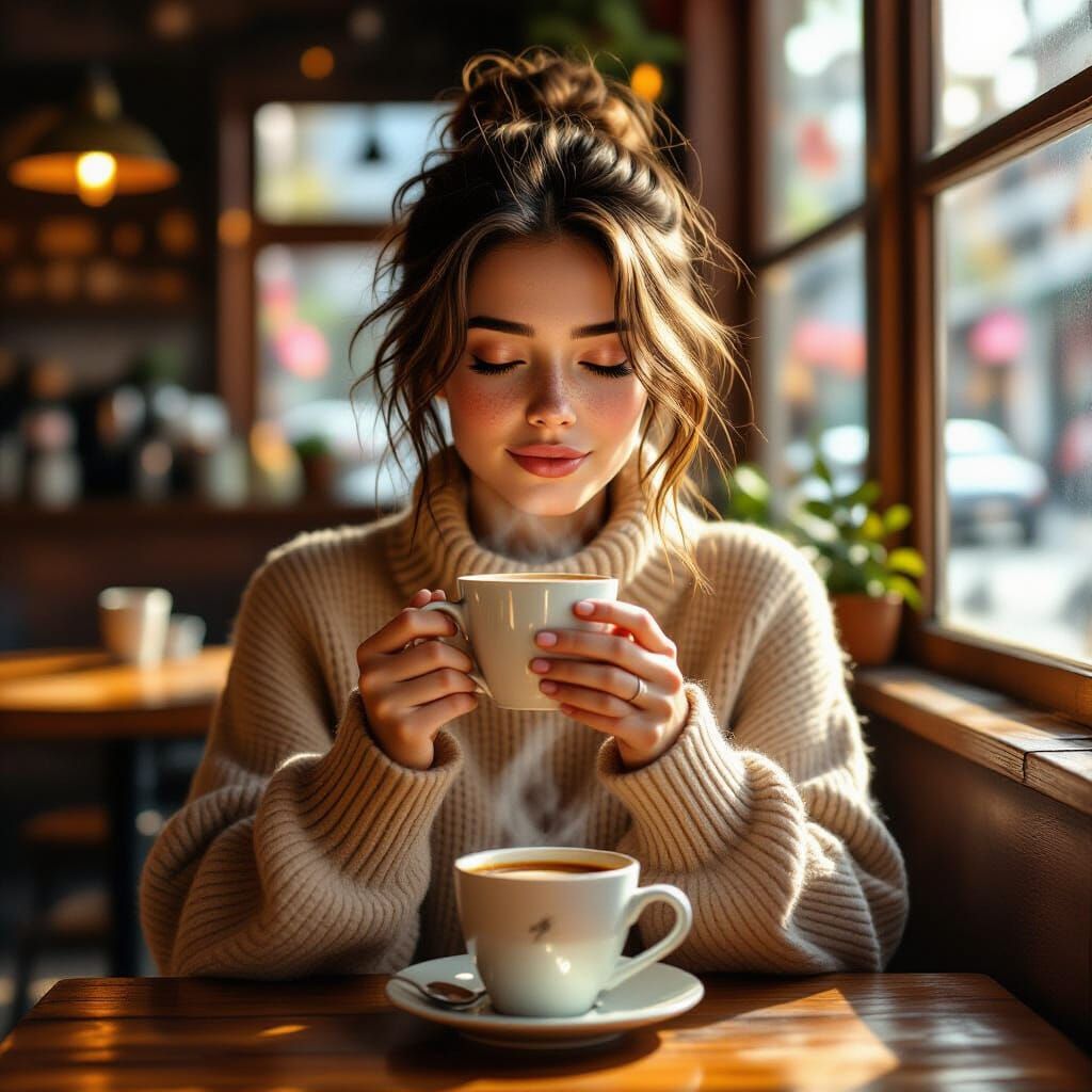 Woman Savoring Chai in Sunlit Cafe