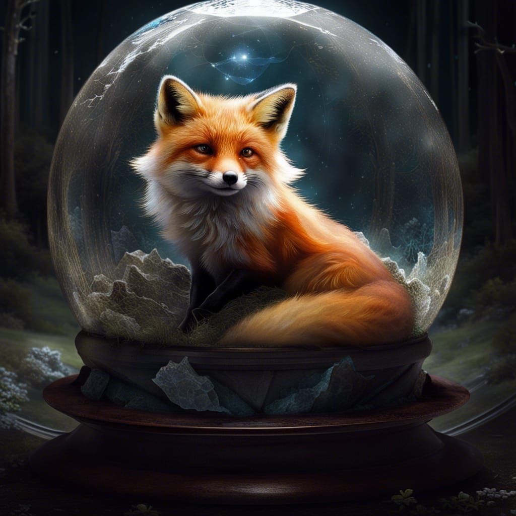 Fox Kit Encased in Crystal Sphere: Hyperdetailed Matte Photo