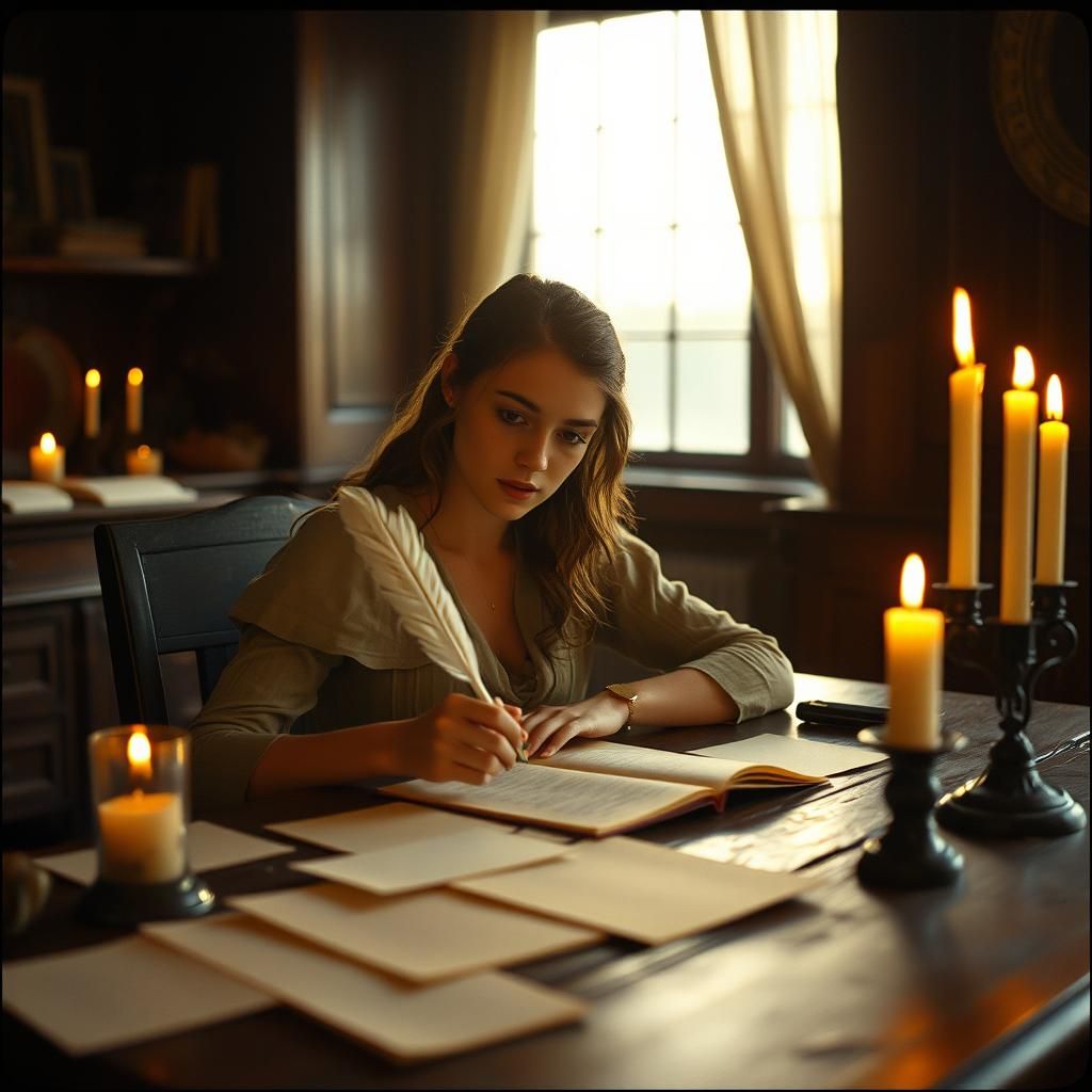 Timeless Portrait of Emma Writing with Quill Pen