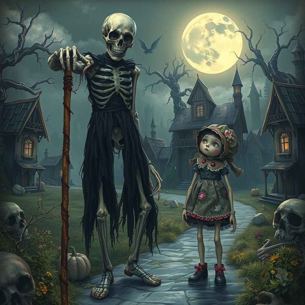 Ethereal Halloween Town Wanderer in Dark Surreal Style