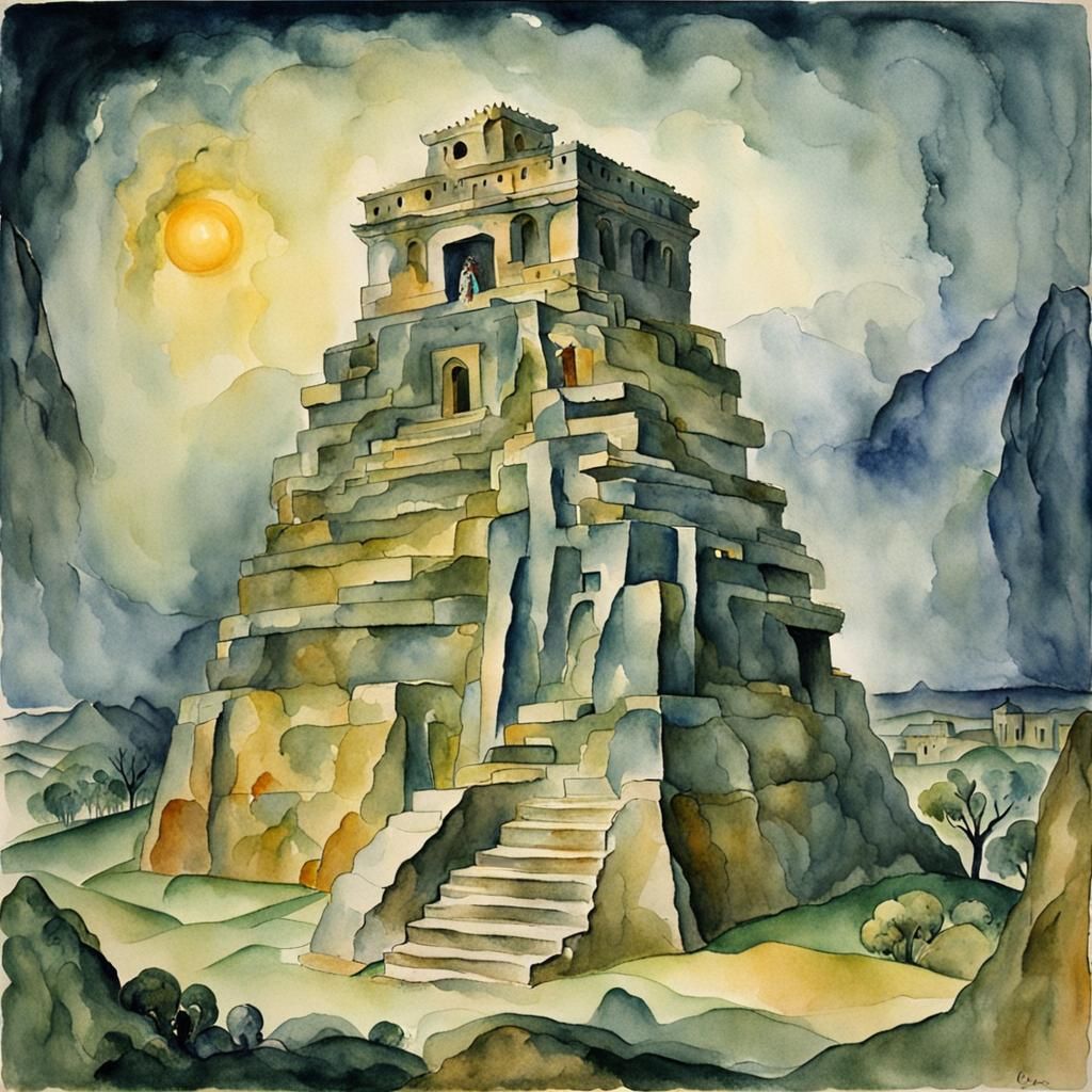 Medusa Emerges: Watercolor Ziggurat