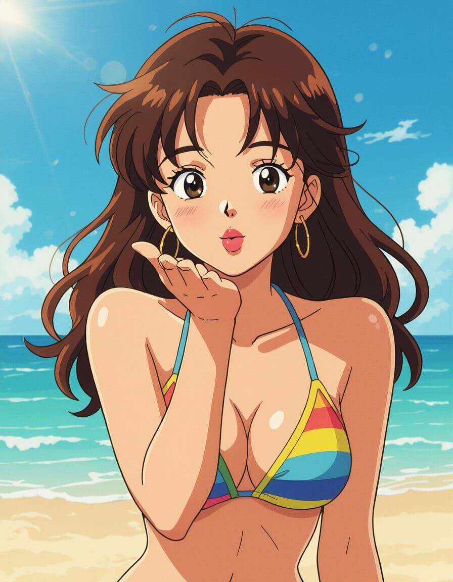 Cute Woman in Bikini Blowing a Kiss: 90s Anime Style