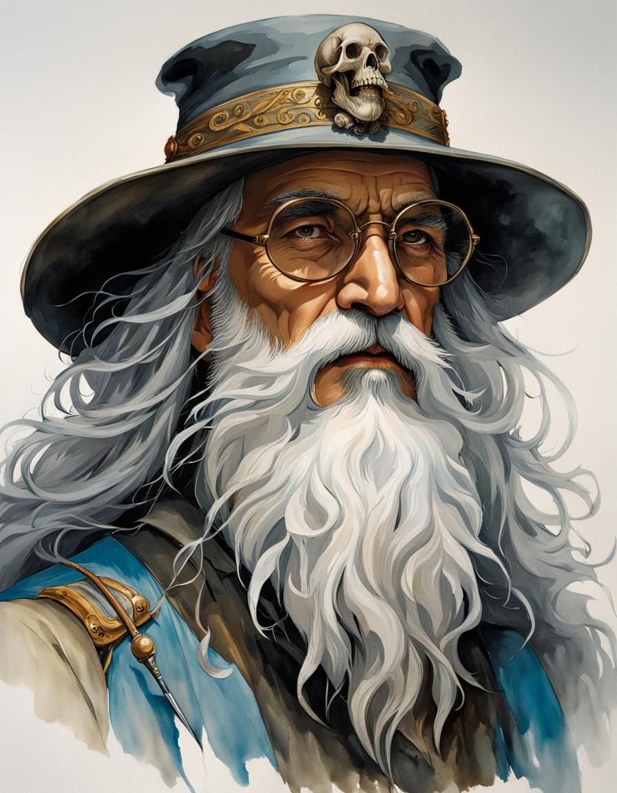 Wizard Portrait with Ink Flow in Gouache Style