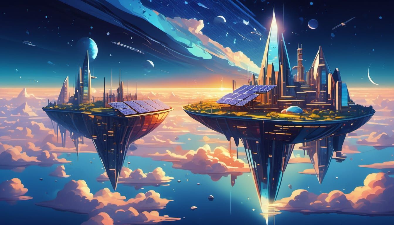 Futuristic Crystal City on Floating Islands in Oil Painting ...