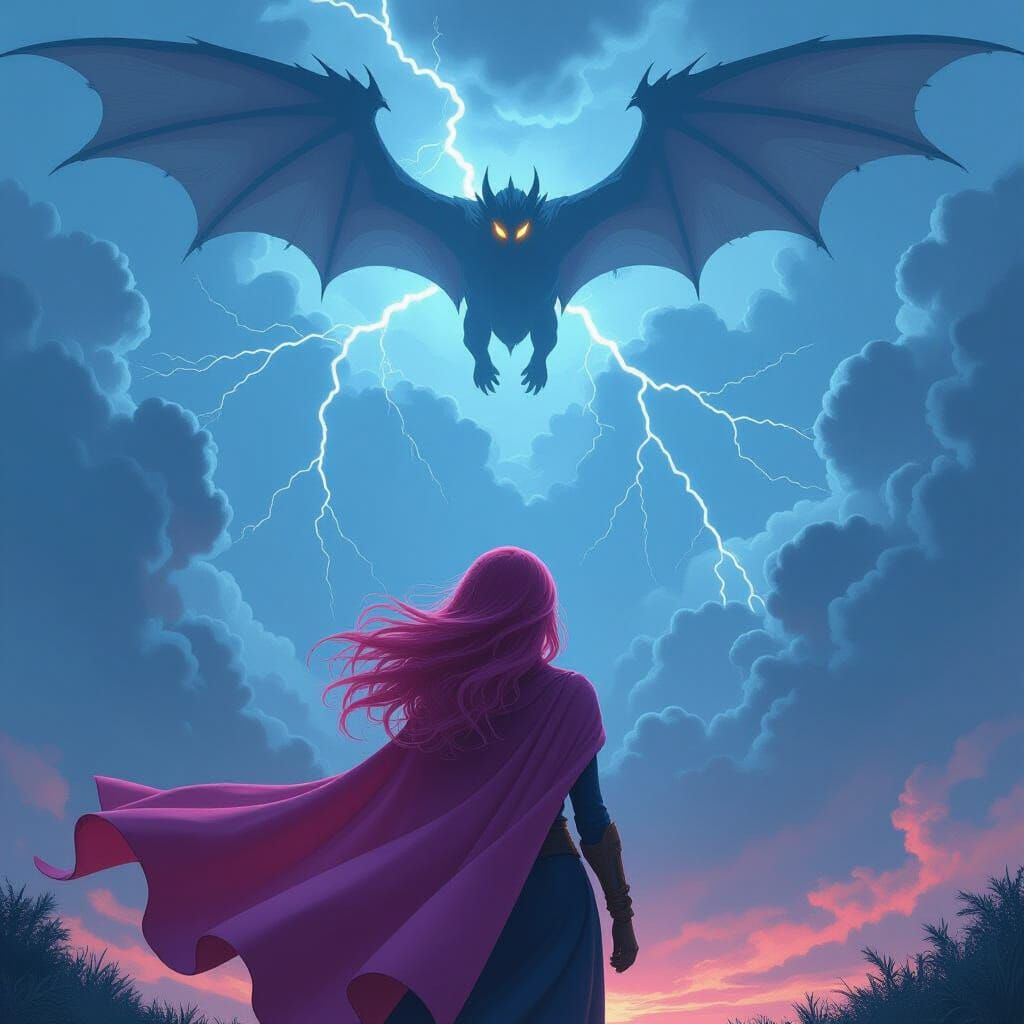 Hero Gazing at Flying Monster in Ominous Sky
