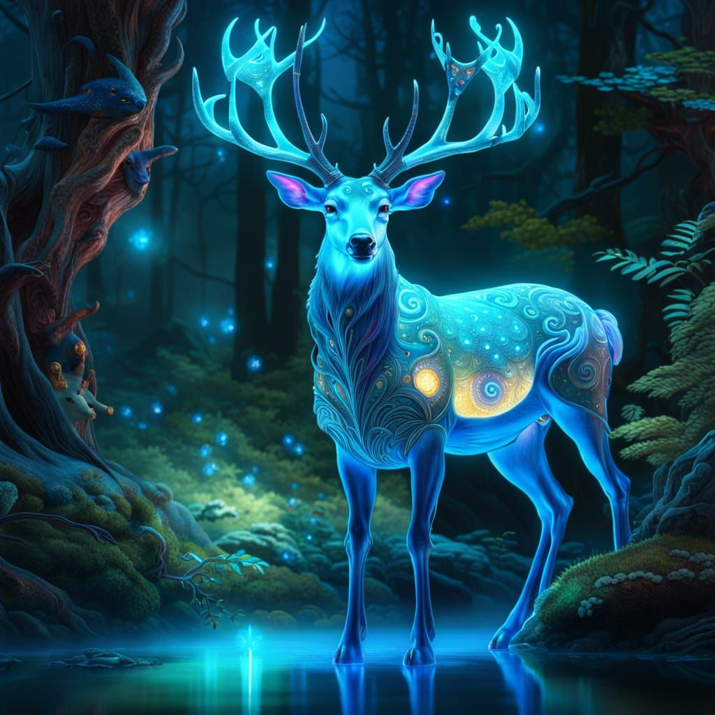 Bioluminescent Deer in Illuminated Fantasy Forest