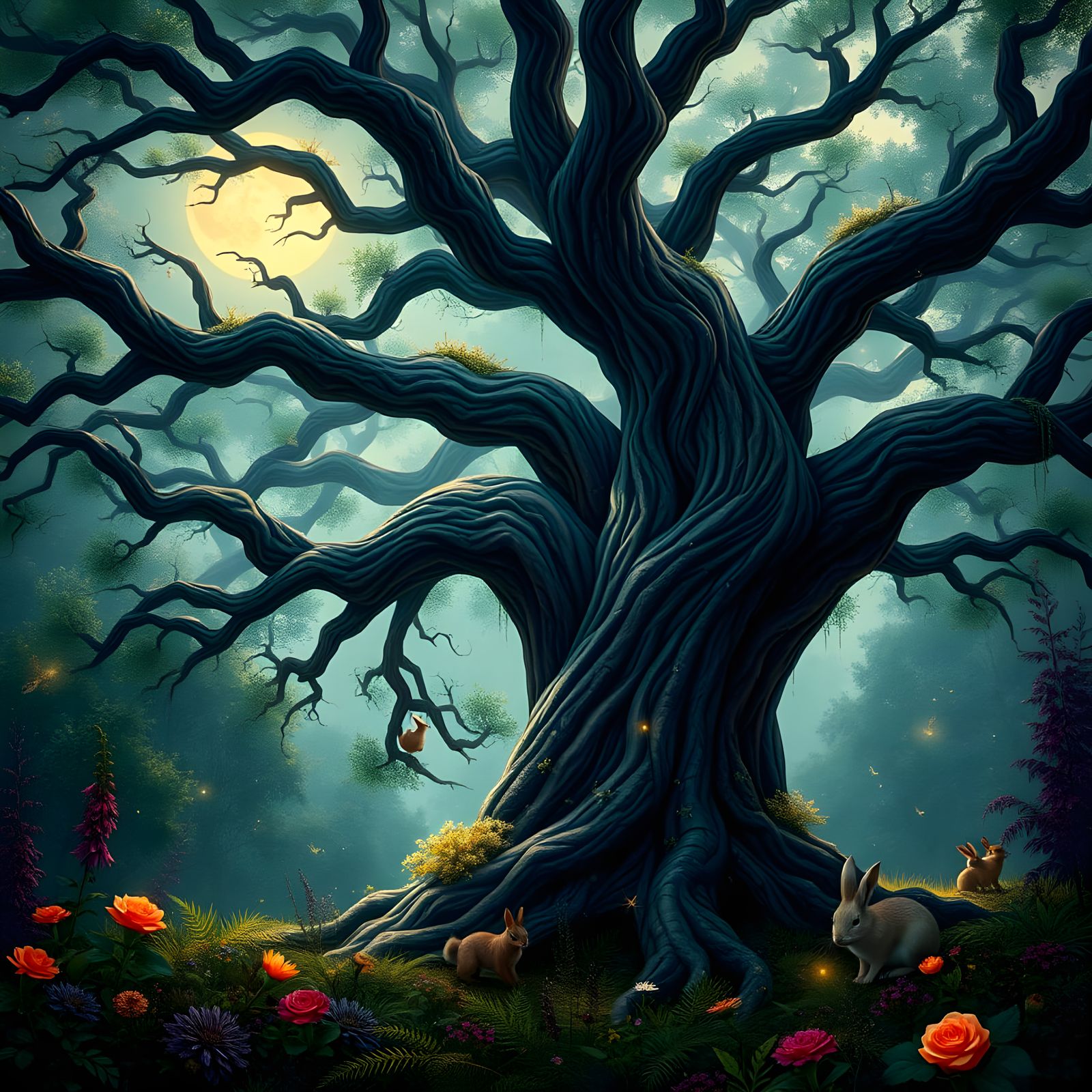 Moonlit Oak Tree in Enchanted Woodland