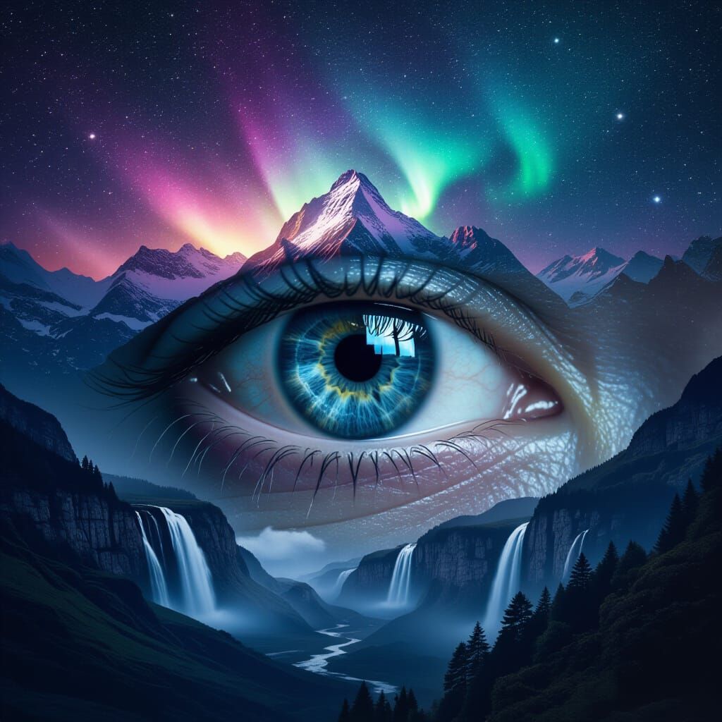 Eye Reflecting Surreal Mountain Galaxy Landscape