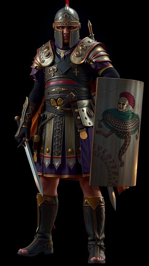 Roman Warrior in Full Armor on Battlefield at Sunset
