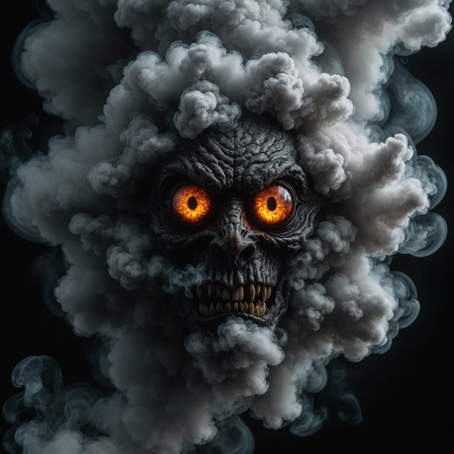 Glowing Demon Eyes Emerging from Smoke