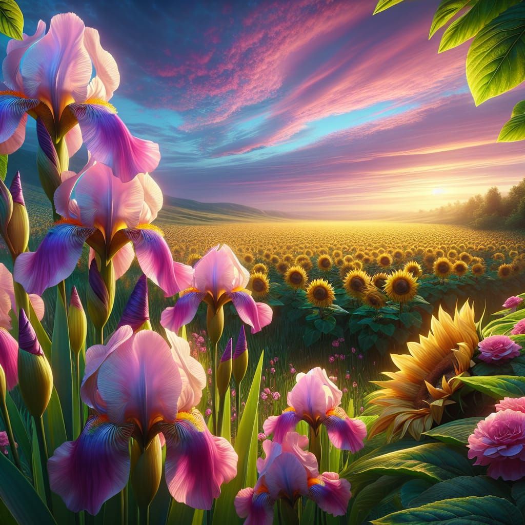 Tranquil Sunset Landscape with Pink Irises as 3D Render