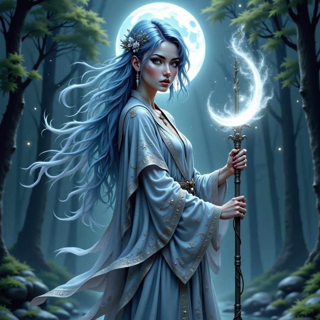 Mystical Lunar Priestess Healer in Ethereal Forest