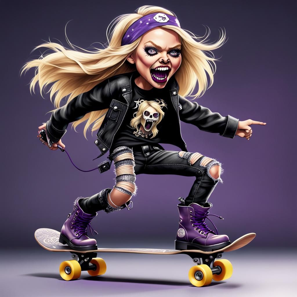 Funny Rocker Girl Caricature on Skateboard