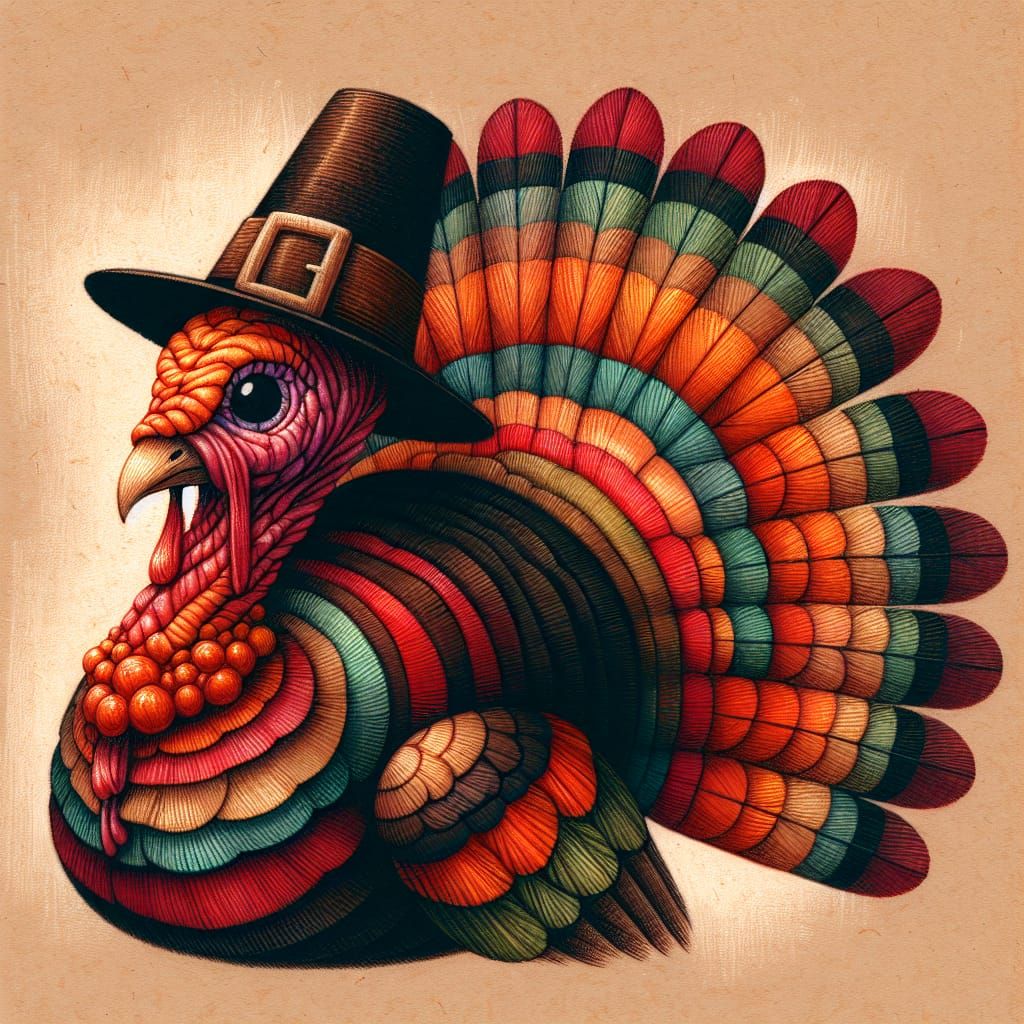 Whimsical Hand-Drawn Turkey in Pilgrim Hat