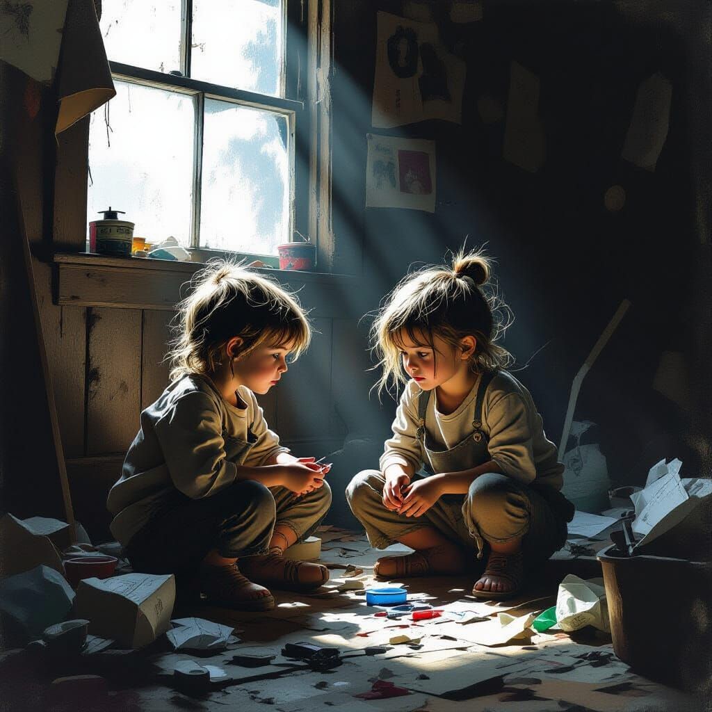 Mischievous Children in Shadows: Gritty Digital Realism