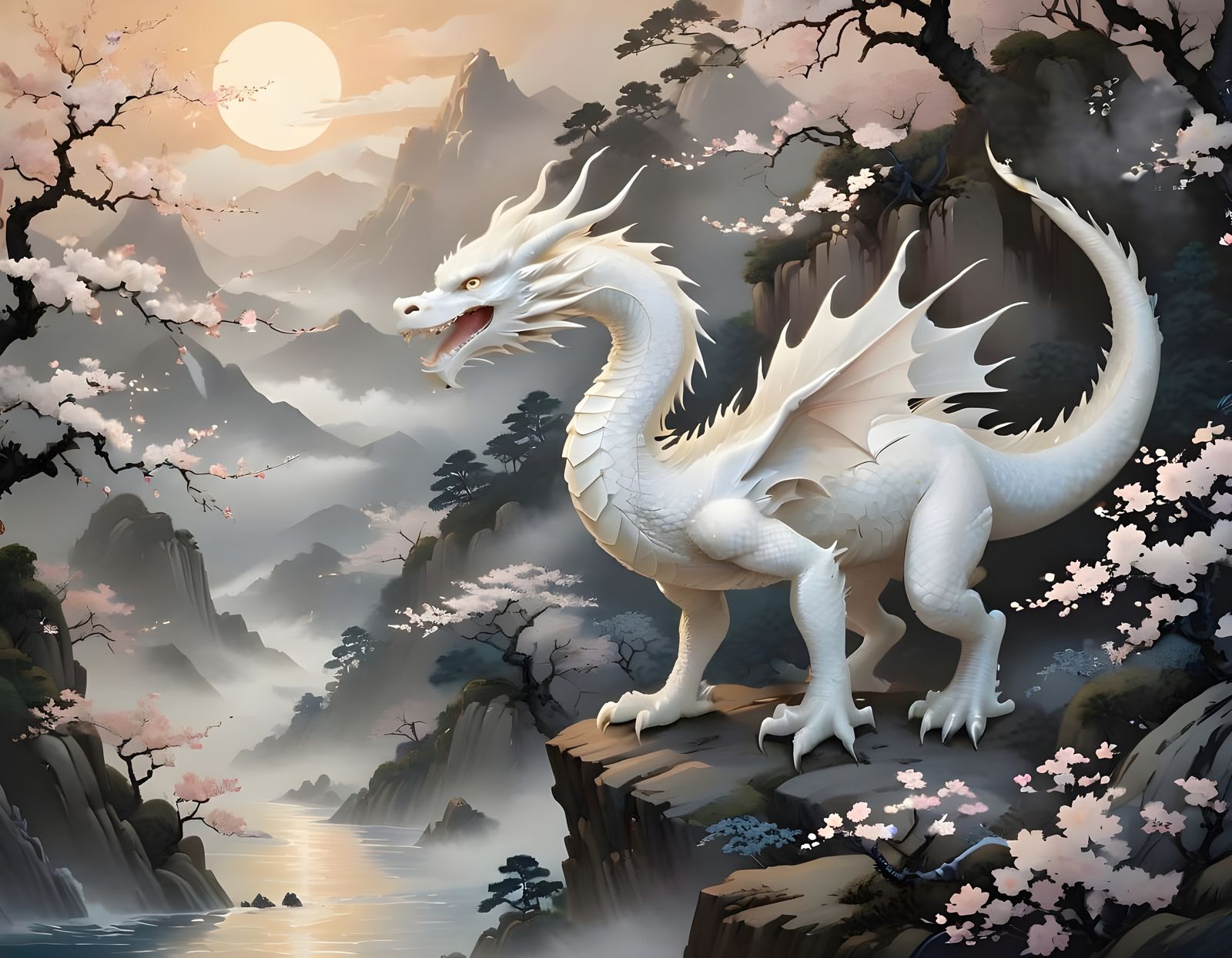 Dragon in Misty Mountains: Ukiyo-e Art