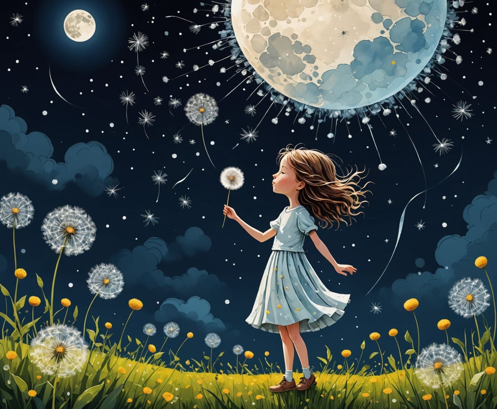 Dandelion Dreamscape with Girl, Watercolor Style