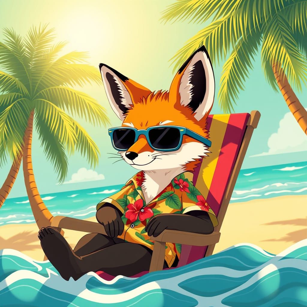 Fox in Hawaiian Shirt Relaxes on Beach in Pop Surrealist Sty...