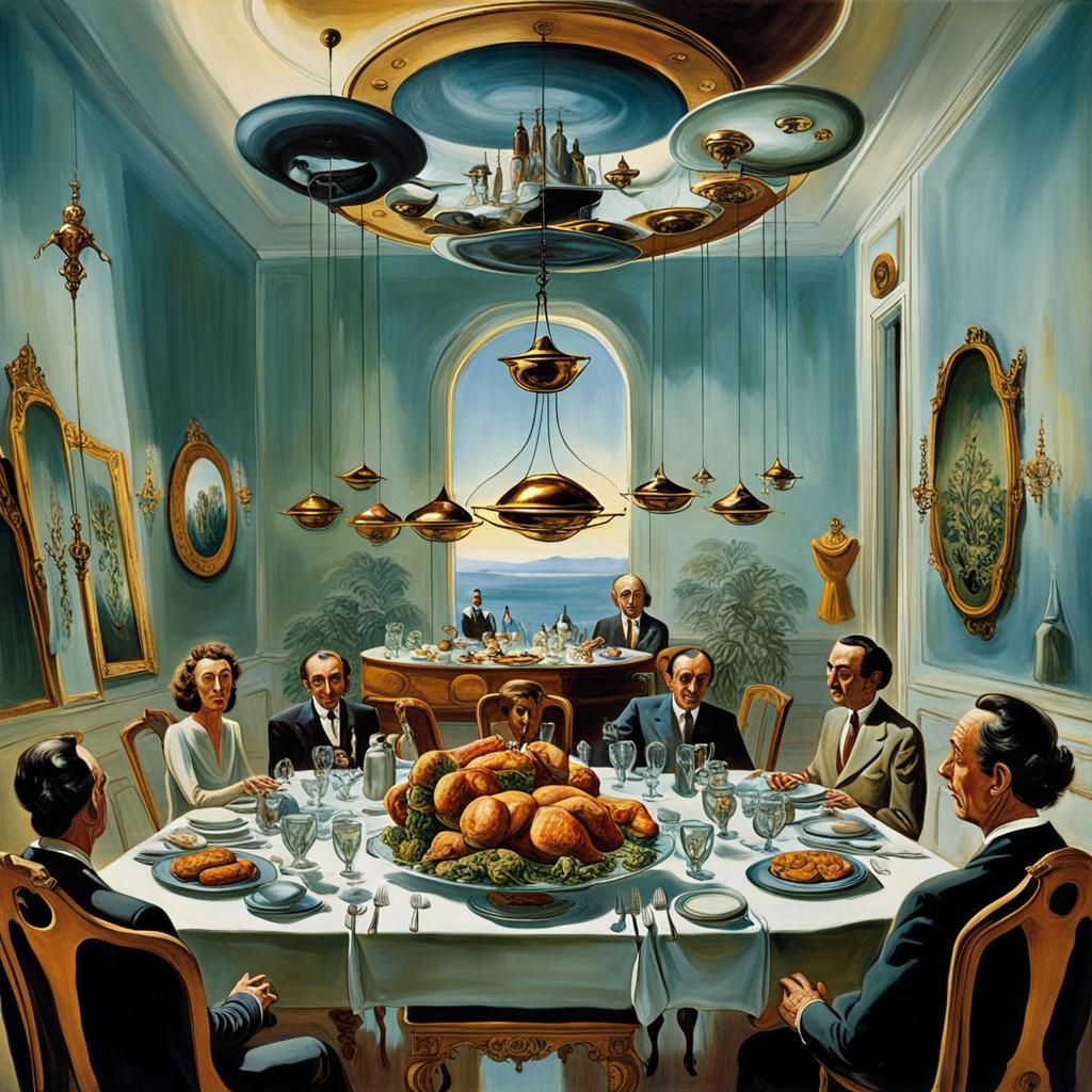 Art by Salvador Dalí, an elaborate dining room set with furn...