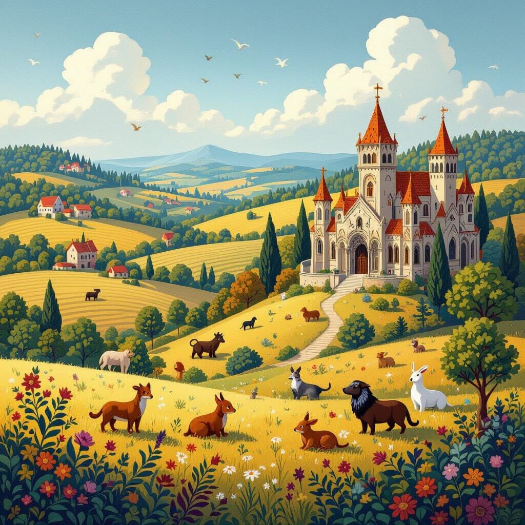 Medieval Landscape with Animals in Gothic Style