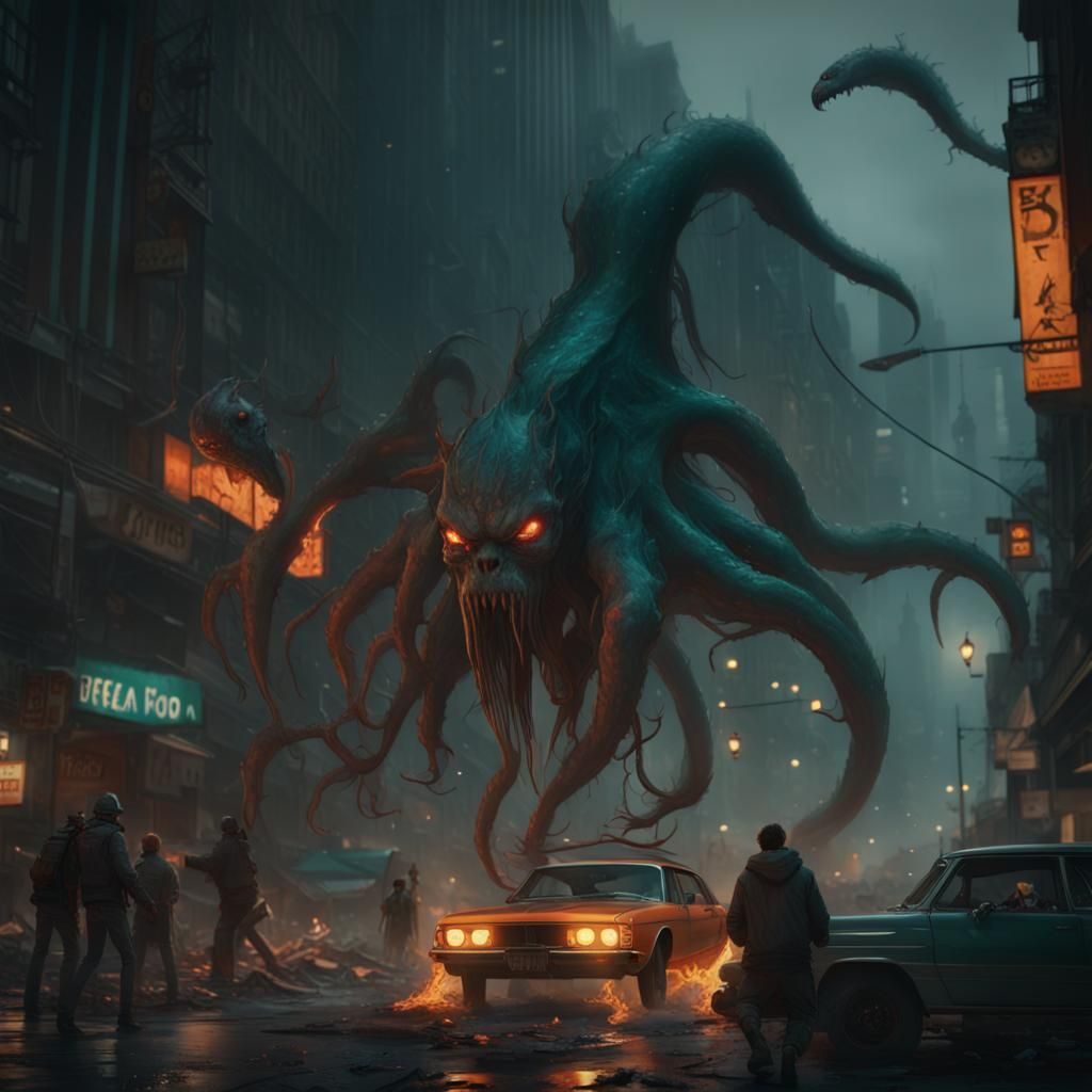 Mutated Monster Attacks City Street in Dystopian Scene