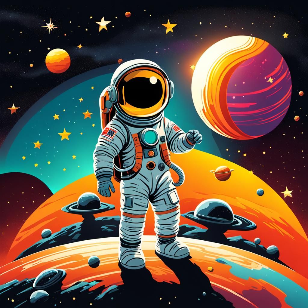 Cartoon Astronaut on Alien Planet in Comic Style