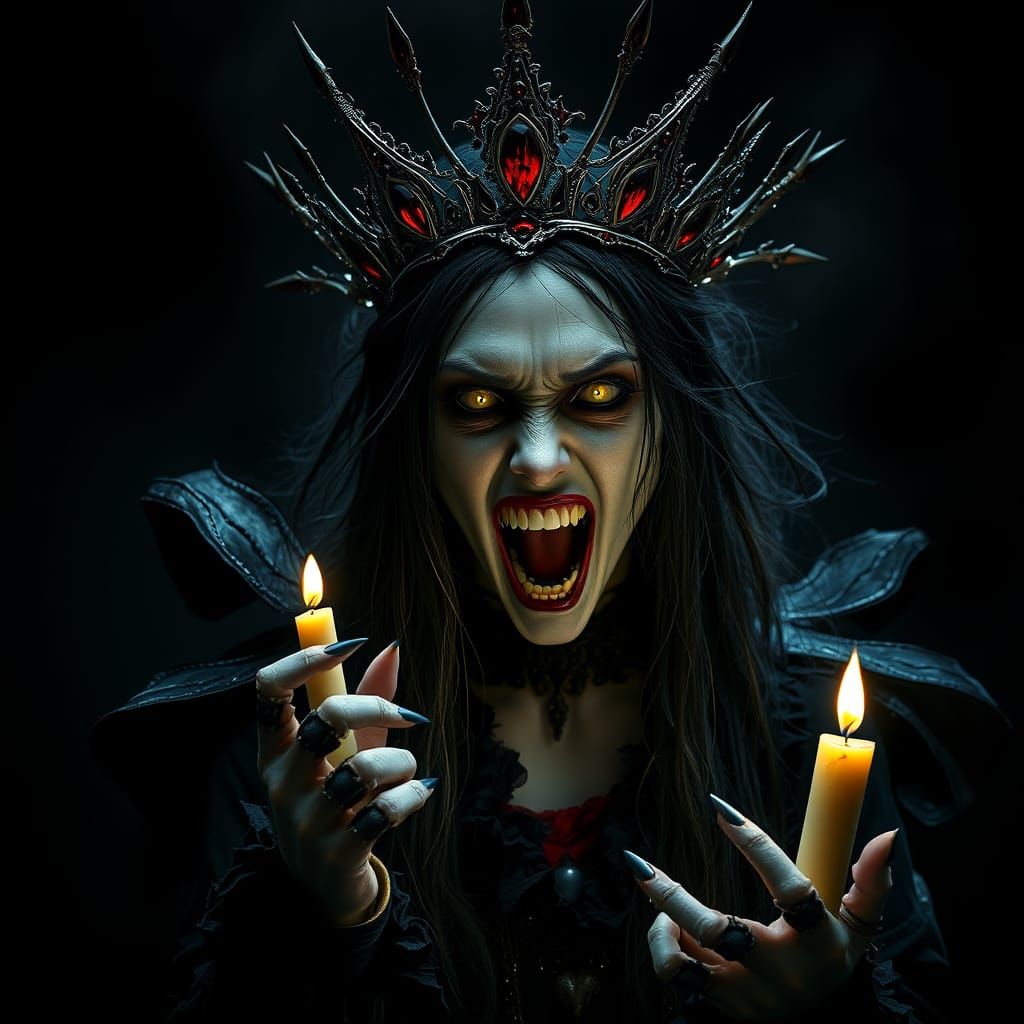 Dark Vampire Queen Screams in Rage with Candlelit Crown