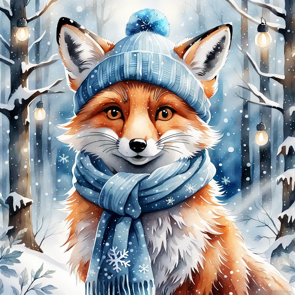 Whimsical Watercolor Fox in Snowy Forest