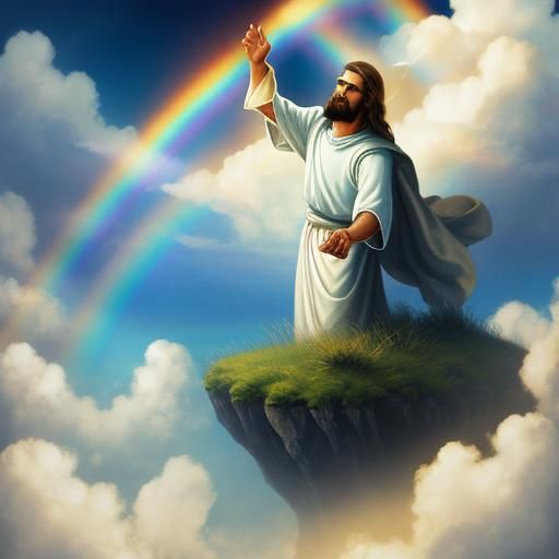 Jesus Reaching for a Rainbow in Heaven