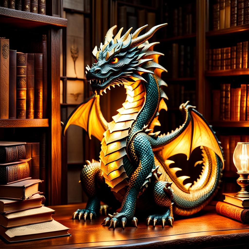 Dragon Lamp in Cozy Study: Fantasy Art