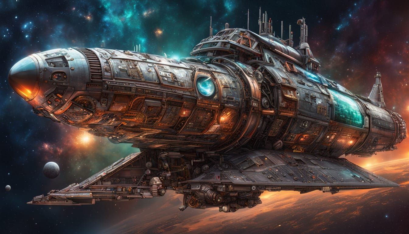 Intricately Detailed Steampunk Spaceship in Mid Shot