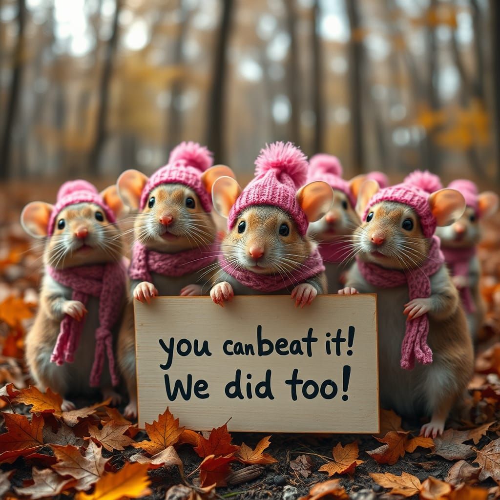Mice in Autumn Forest With Encouragement Sign