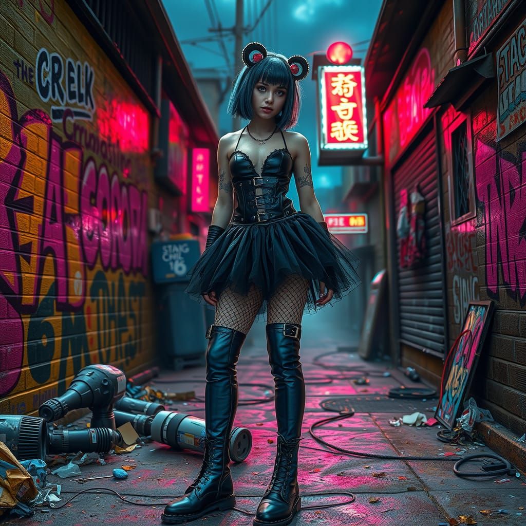 Punk Cinderella with big blue boots 
Punk background