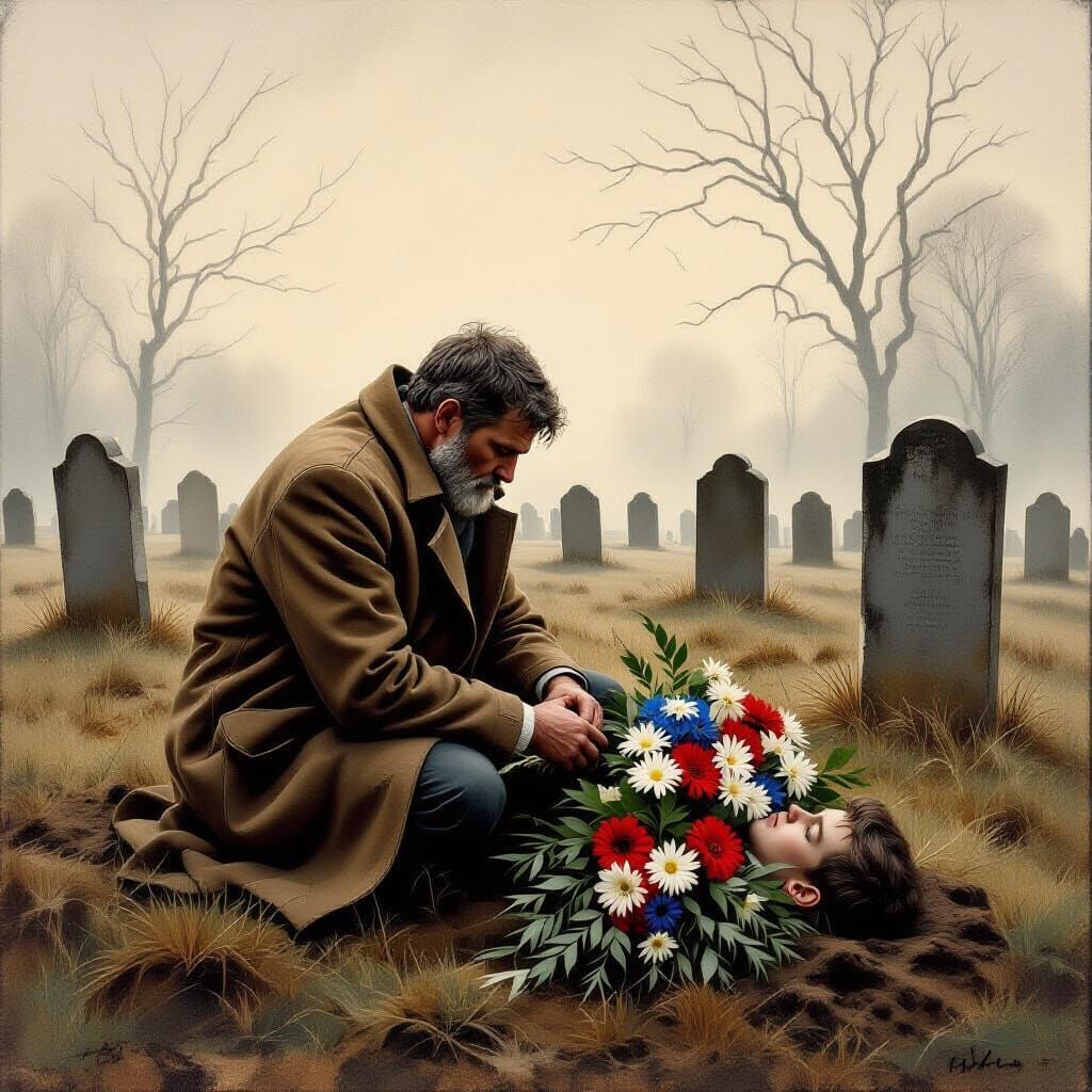 Grieving Father Buries Fallen Son in Misty Graveyard